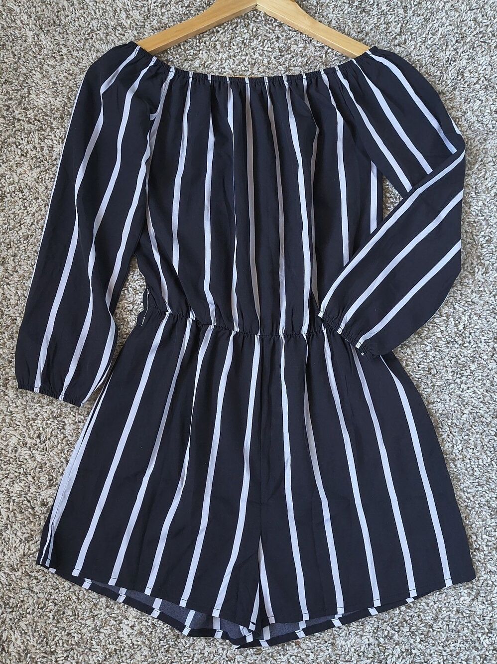 Women's XS Black White Striped Off Shoulder Long Sleeve Romper Elastic Waist